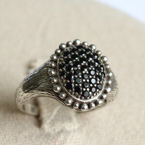 Black Spinel Multi-Stone Sterling Silver 925 CID Textured Band Ring Size 9.5